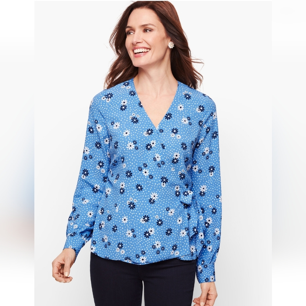 Talbots Shirt Poet Sleeve Wrap Top - Flowers & Dots Blue Size 2XP